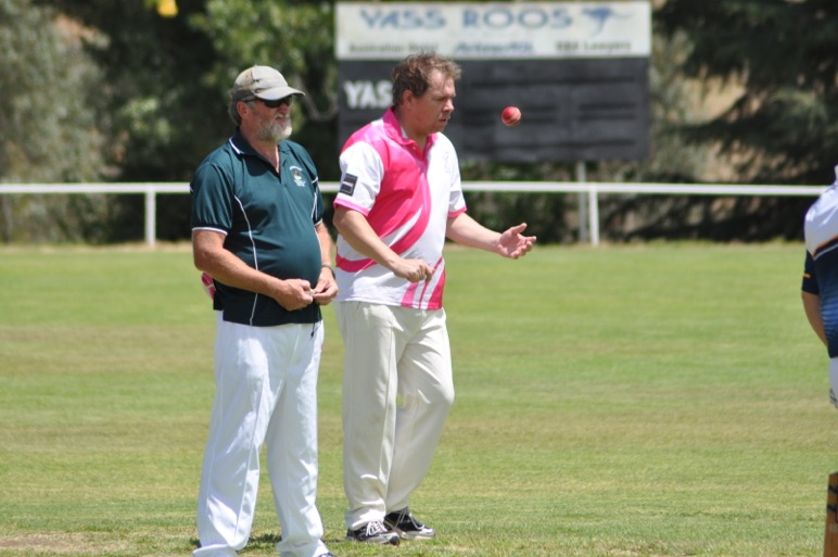 In B Grade last weekend, Yass Golf Club Taipans' Bryan Potter (pictured here with Harden's Captain Coach Kelvin Brown (umpiring) took three wickets in three balls. 