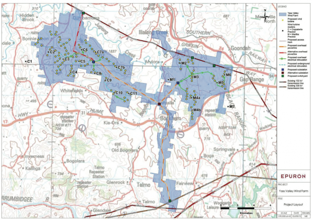 Epuron's layout proposal for Yass Valley Wind Farm.